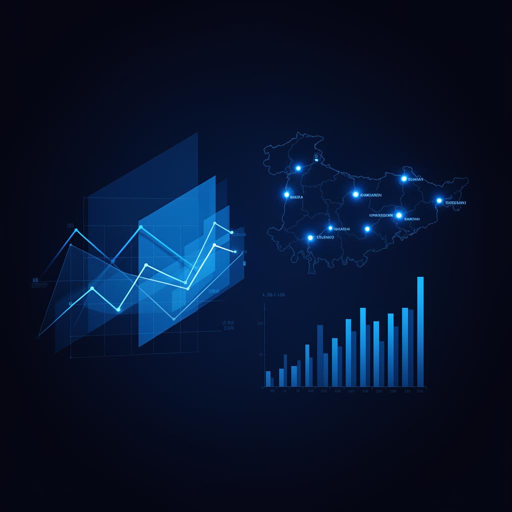 Abstract financial data visualization in deep navy and electric blue