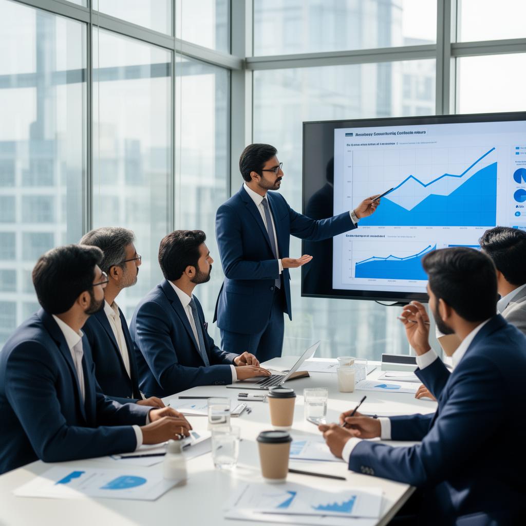 A business strategy team reviewing AI-generated feasibility analytics